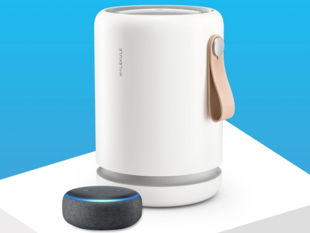 A Molekule Air Purifier next to an Amazon Echo Dot