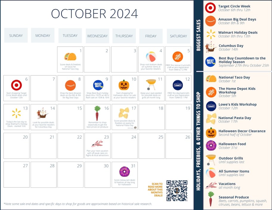 october 2024 calendar graphic of various sales happening in october