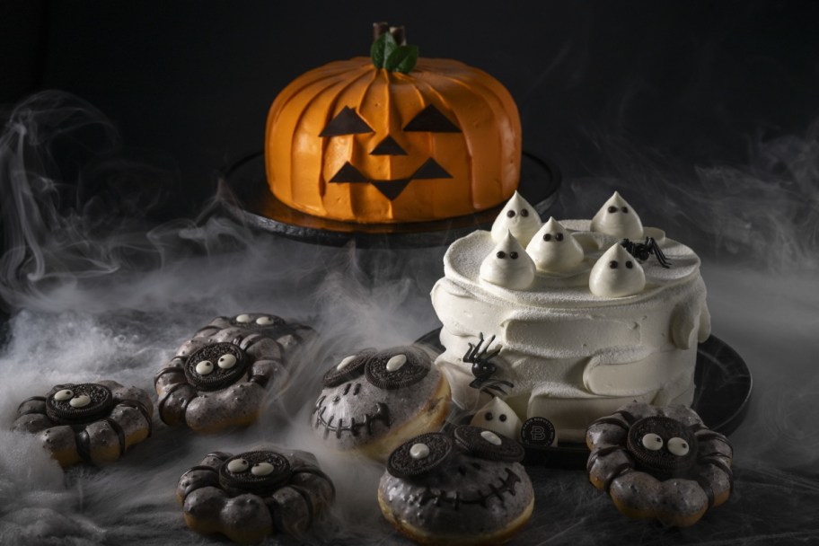 halloween baked goods on a foggy table