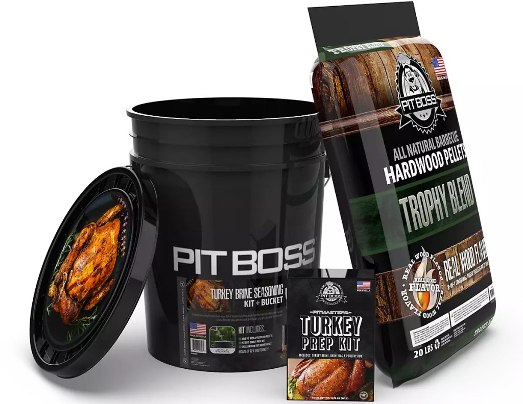 black pit boss bucket, lid, turkey seasoning kit, and bag of pellets