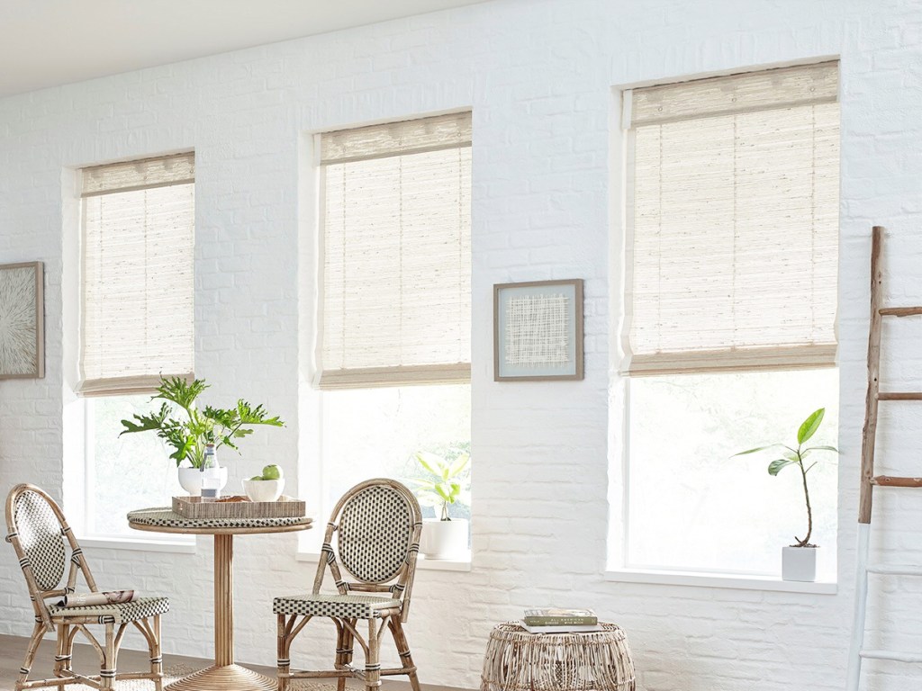 white woven window shades in living room