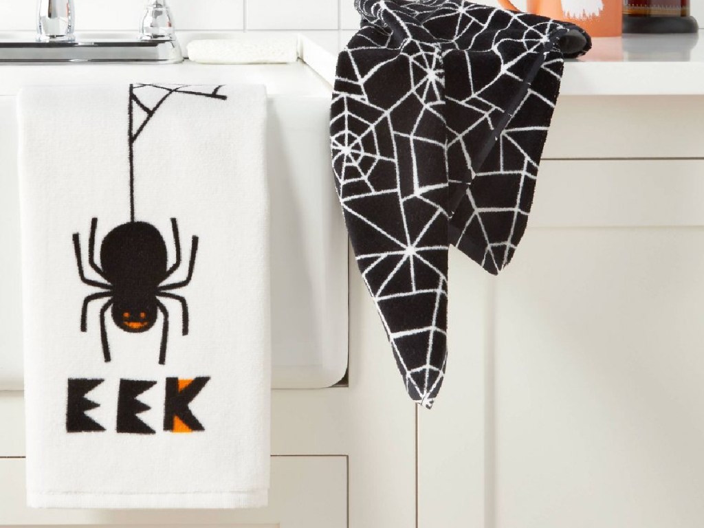 Spider Halloween Kitchen Terry Towels 2 Pack displayed in the kitchen