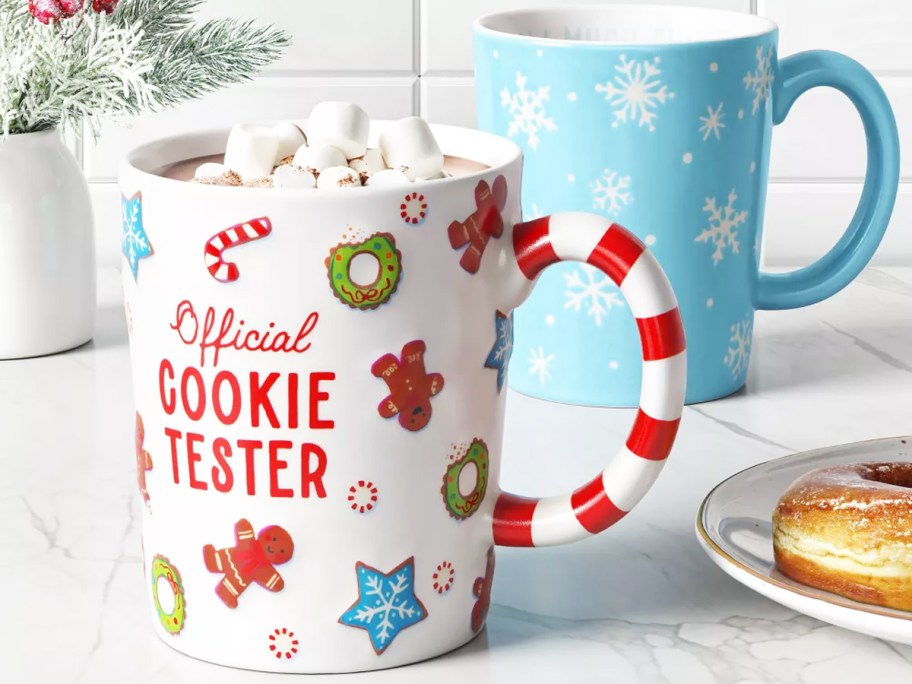 official cookie tester and snowflake print christmas mugs