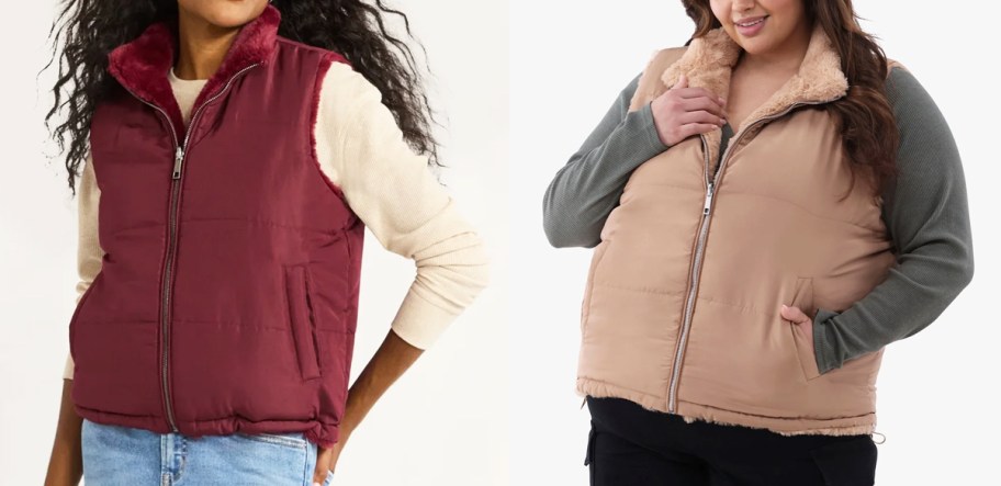 women in maroon and brown faux fur puffer vests