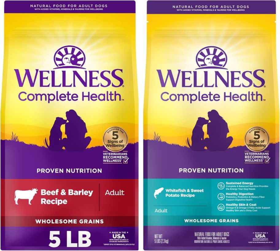 two 5 lb bags of Wellness complete health dog food