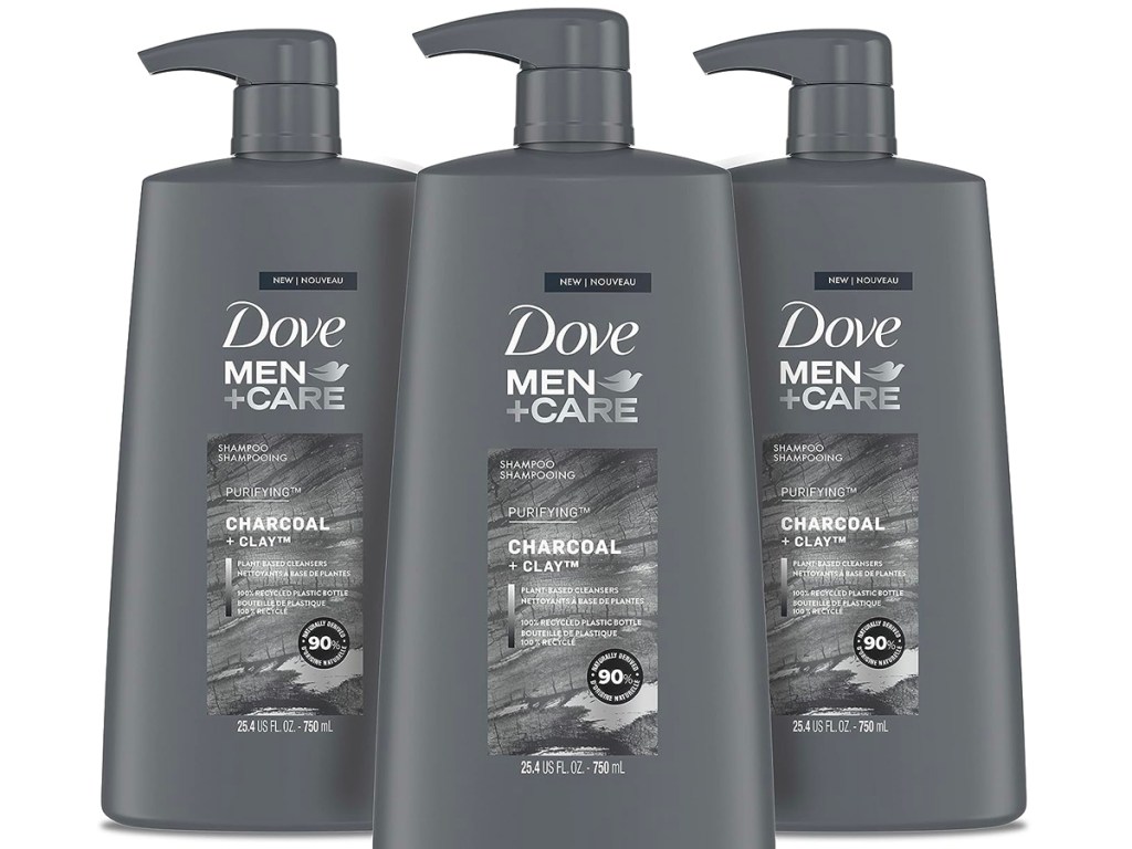 three bottles of mens dove charcoal shampoo