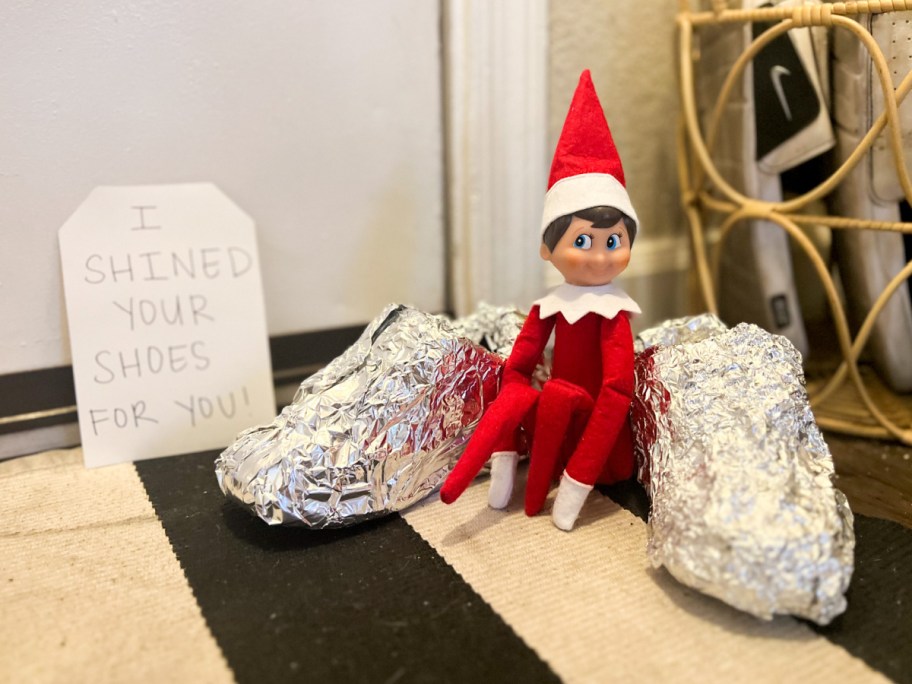 elf wrapped shoes in tin foil, one of our dollar tree elf on a shelf ideas