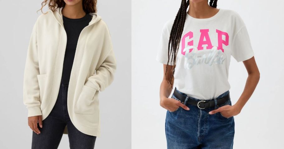 two women wearing a gap hoodie and a shirt