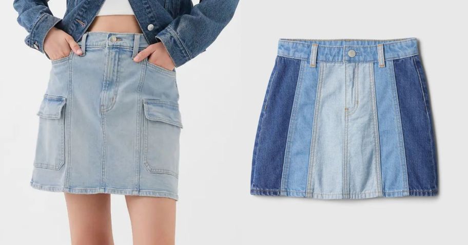 woman wearing a gap skirt next to a stock image of a kids skirt