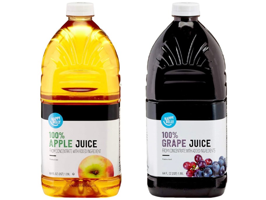 two bottles of apple and grape juice 