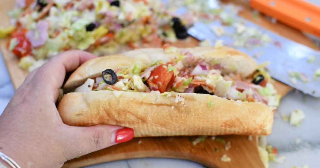 Italian chopped sub on a cutting board 