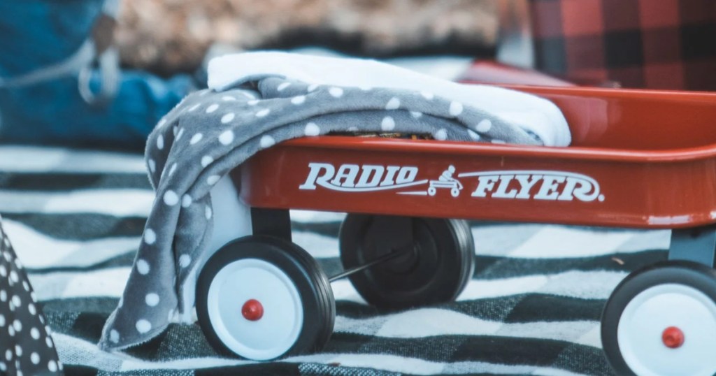 gray polka dot blanket in a red Radio flyer wagon