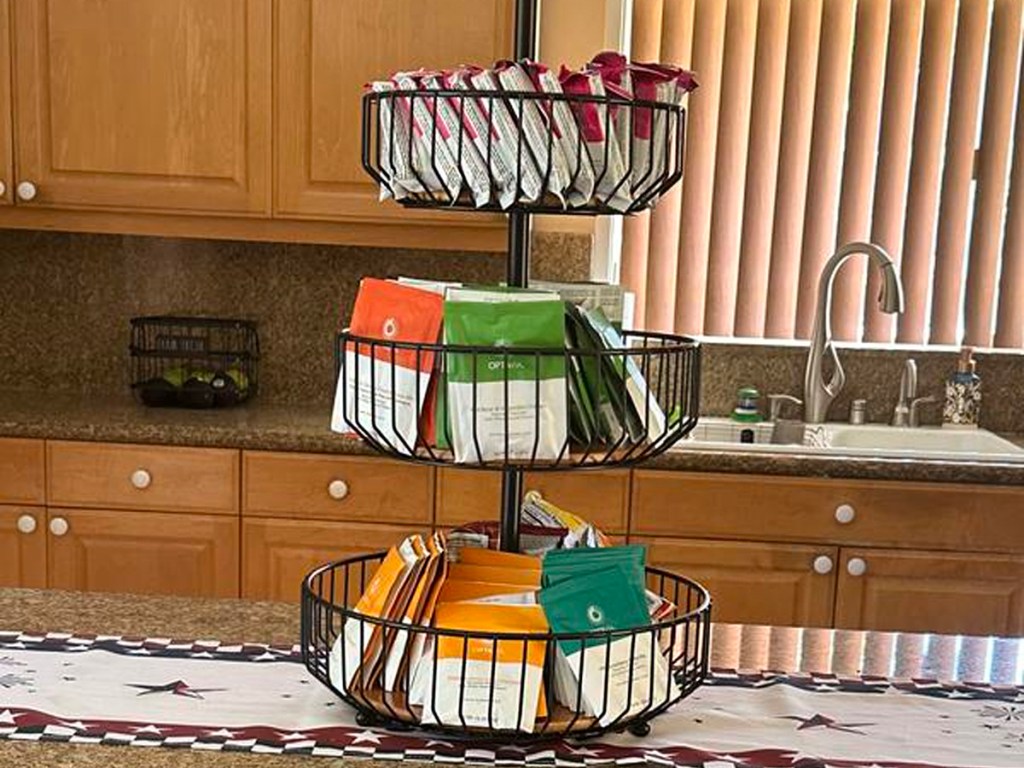 3 ticket basket full of teas on kitchen counter