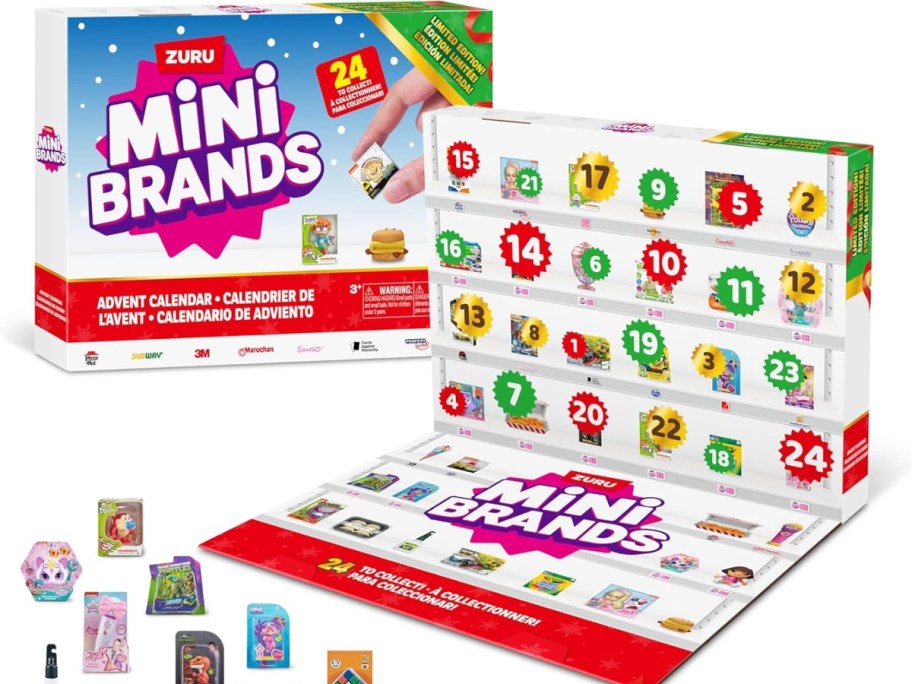a Mini Brands Advent Calendar box closed and open and a few mini figures to the side