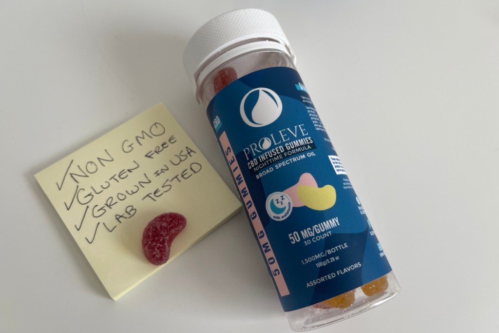 cbd gummy bottle next to sticky note