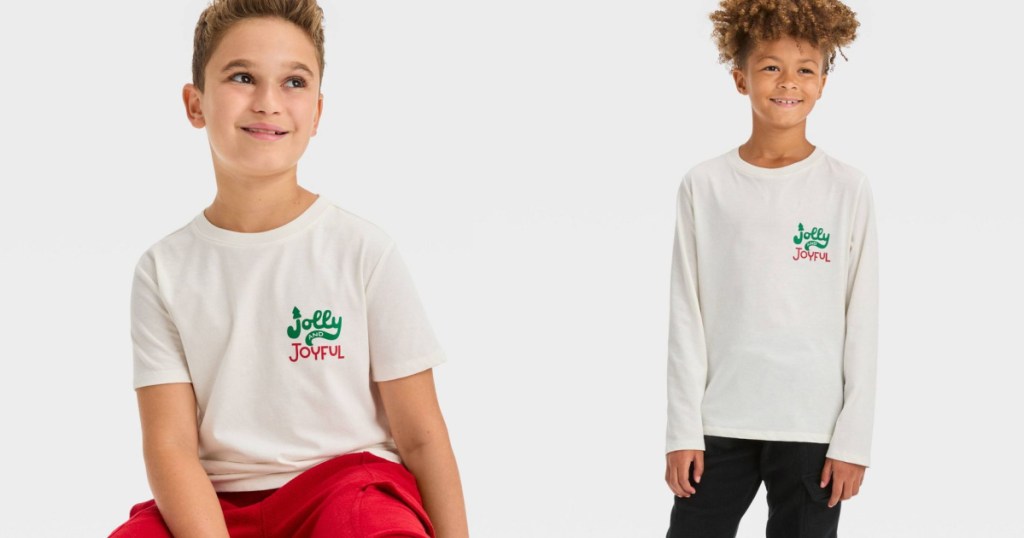 side by side stock images of boys wearing joyful and jolly target kids christmas shirts