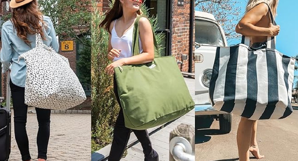 three women wearing their GIANT tote in different patterns