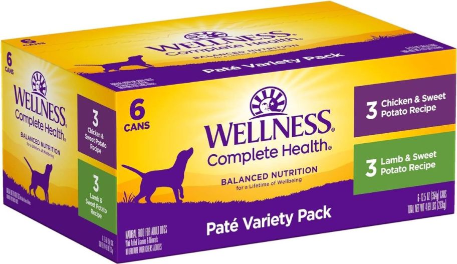 a 6 pack of canned Wellness complete health dog food