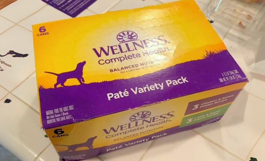 a variety 6 pack of canned Wellness complete health dog food