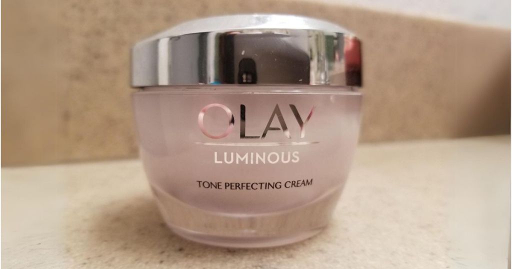 jar of Olay Luminous Tone Perfecting Moisturizer sitting on counter