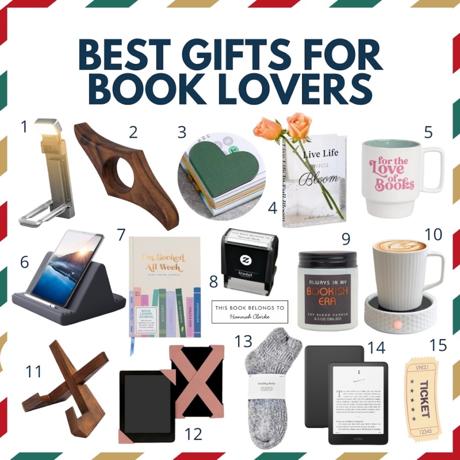 collage graphic of best gifts for book lovers