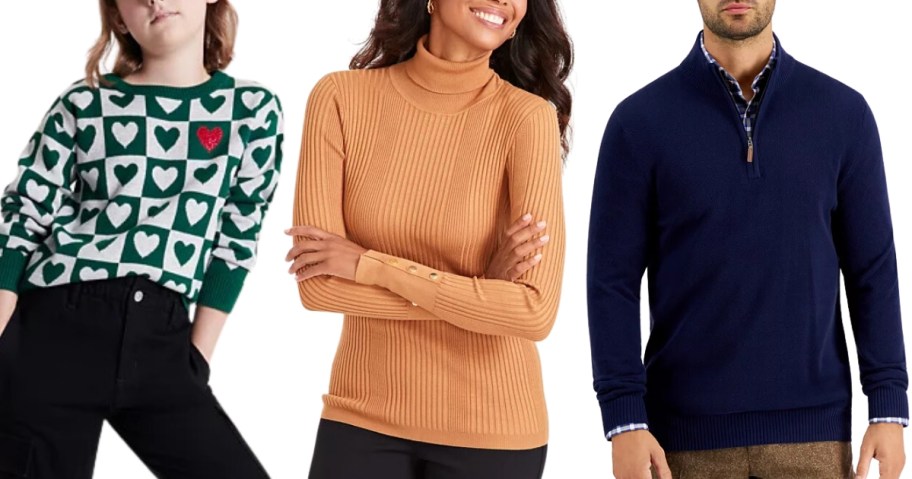 child, woman, and man wearing sweaters