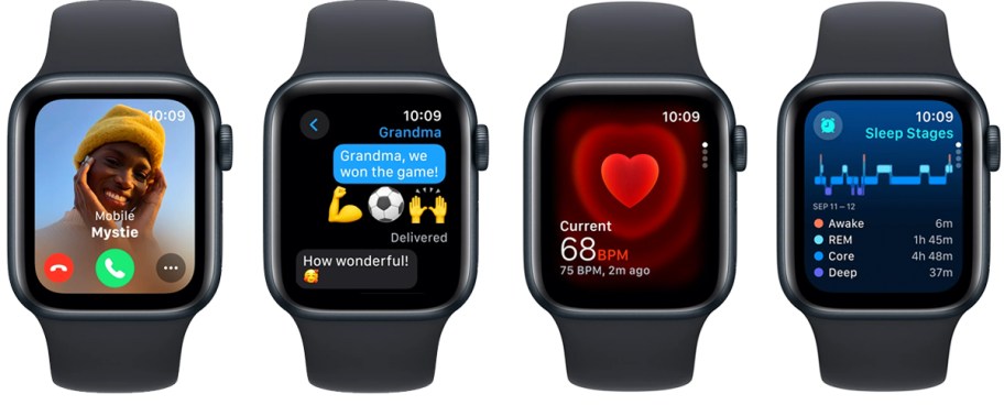 four black apple watches showing features on screens