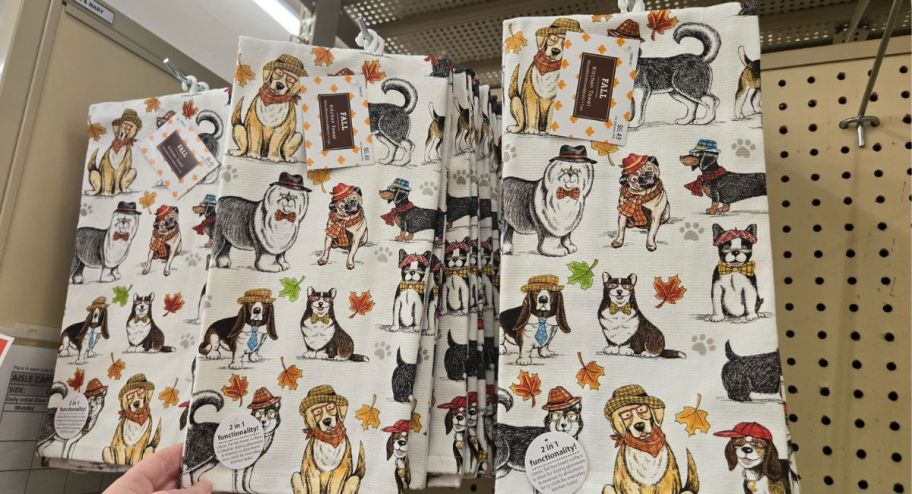 Display of Autumn Dogs Kitchen Towels all in a row
