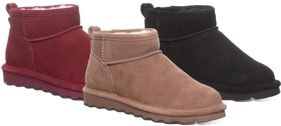 maroon, brown, and black booties