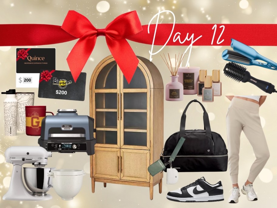 collage of various gifts with big red bow and day 12