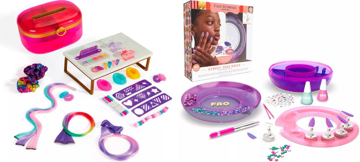 a pink carrying case and hair accessories next to round trays of nail adornments