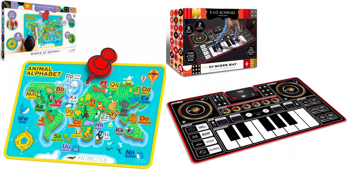 FAO Schwarz World of Animals Interactive Map and DJ mixing dance mat stock images