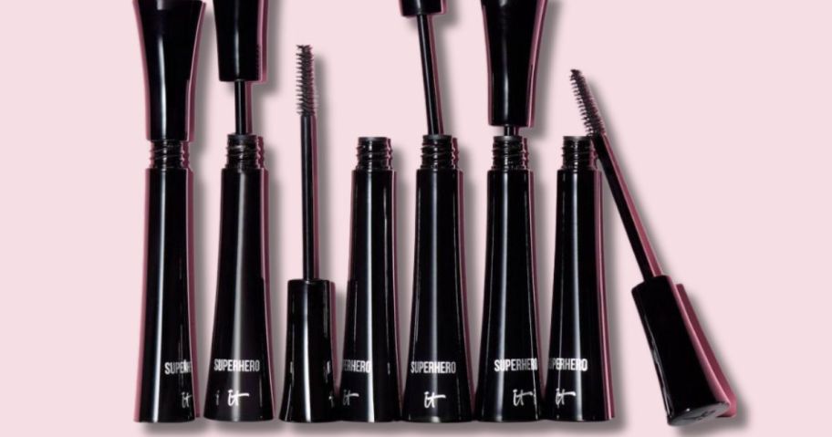 IT Cosmetics Superhero Mascaras on a pink background