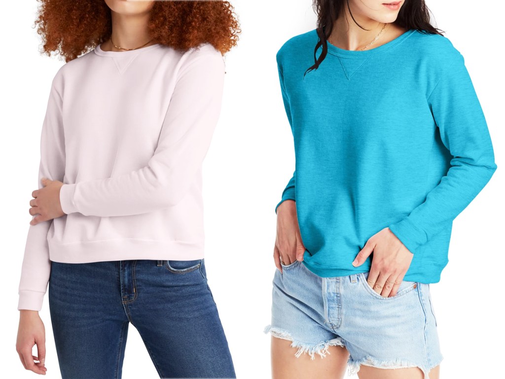 women in light pink and blue crewneck sweatshirts