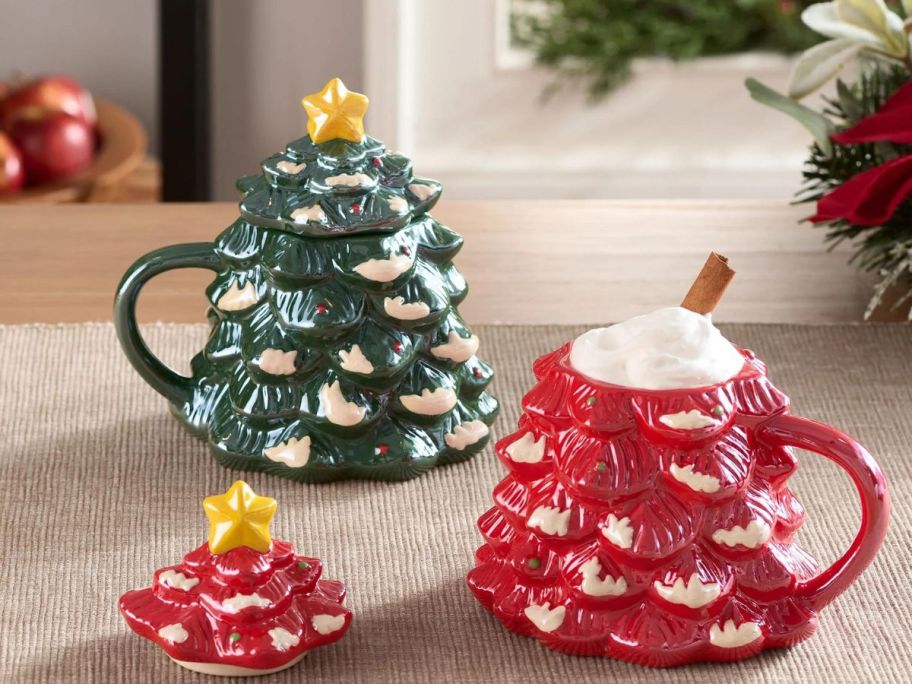 Holiday Time 14oz Holiday Tree Glazed Stoneware Ceramic Mug w/ Lid 2-Pack on table