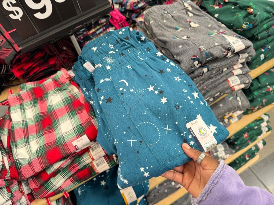 JoySpun Christmas PJ Pants on a shelf at Walmart