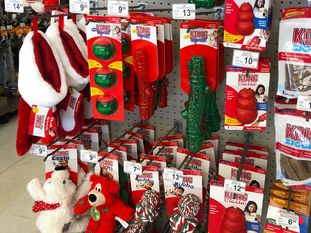 display of kong christmas dog toys in petco