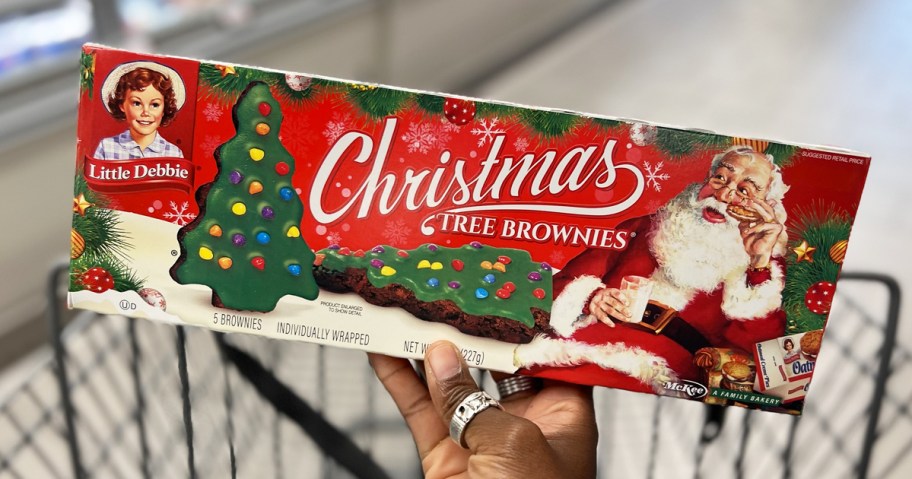 hand holding up a box of Little Debbie Christmas Tree Brownies