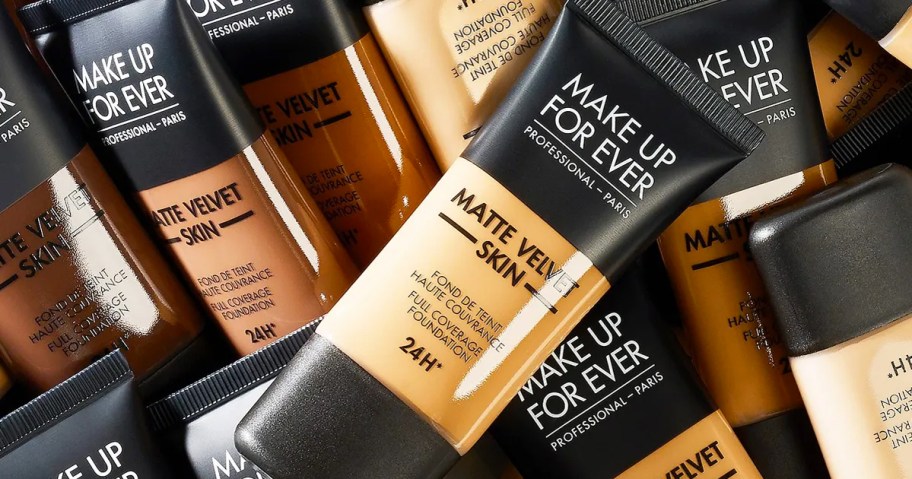 pile of multiple shades of MAKE UP FOR EVER Matte Velvet Skin Full Coverage Foundation