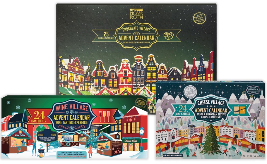 Moser Roth Chocolate Village Luxury Chocolate Tasting, Wine Village Wine Tasting, and Cheese Village European Cheese Advent Calendars