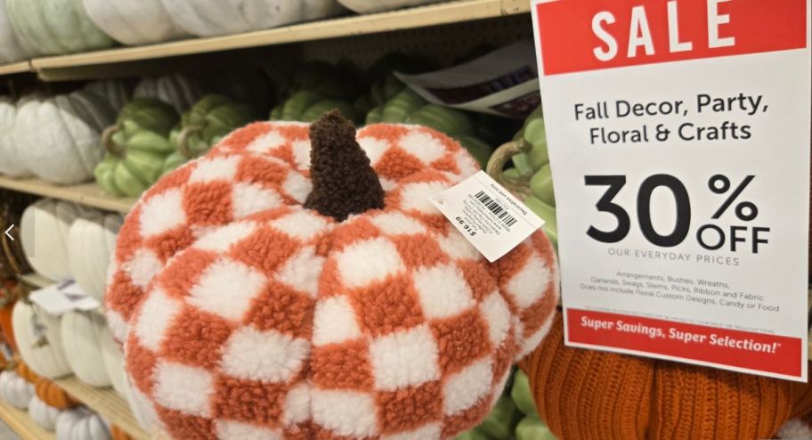 hand holdling plush pumpkin in front of 30% off sign