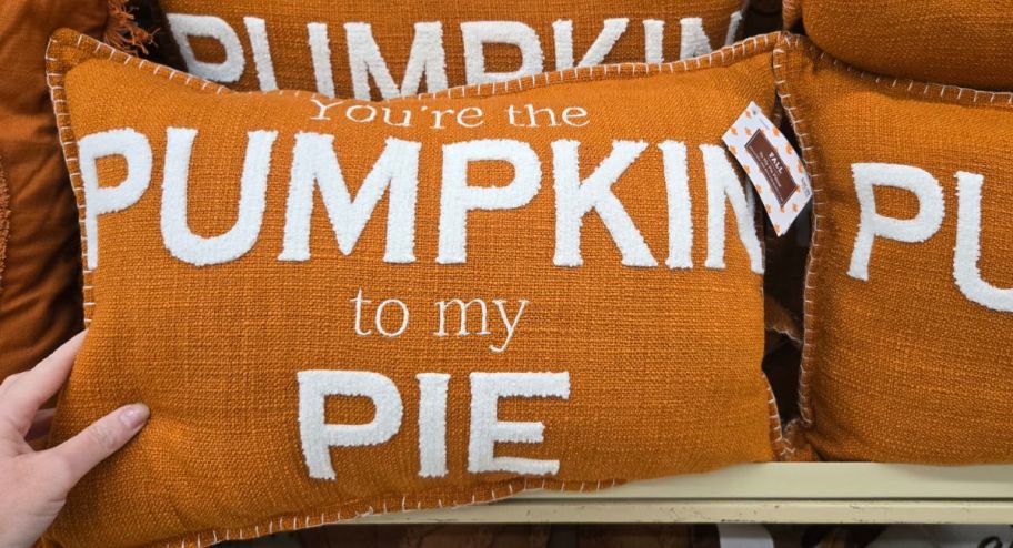 hand holding Pumpkin To My Pie Pillow