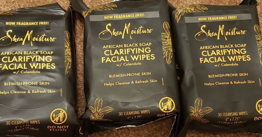 3 SheaMoisture Facial Wipes African Black Soap 30-Count on a counter