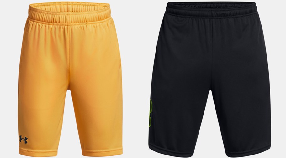 yellow and black pairs of under armour shorts
