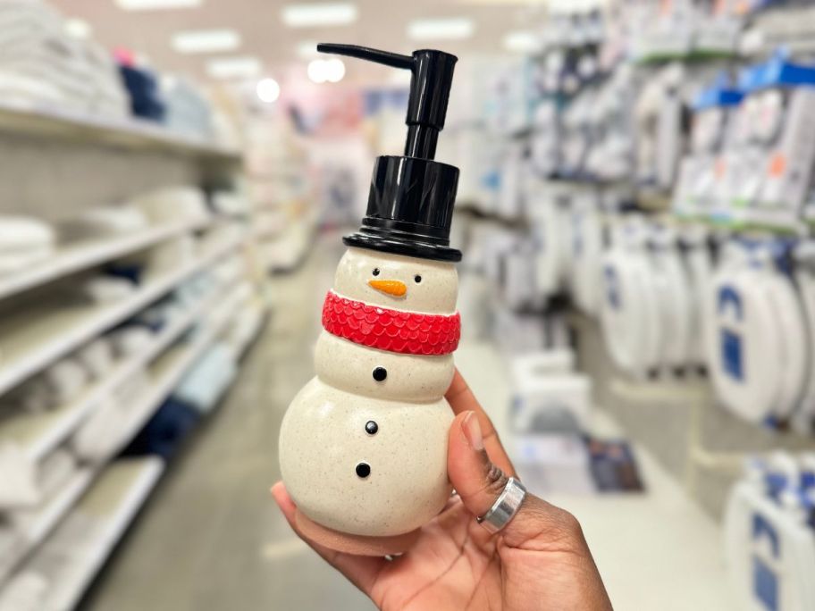 Wondershop Christmas Snowman Soap Pump in hand in store