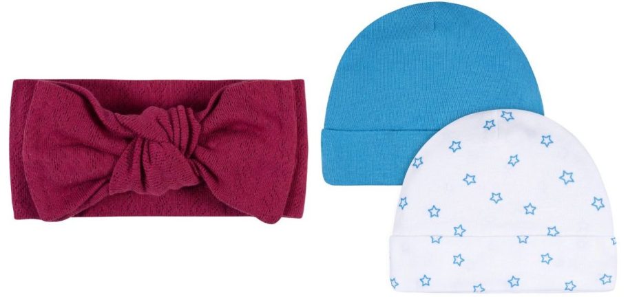 baby head band and a set of baby beanies