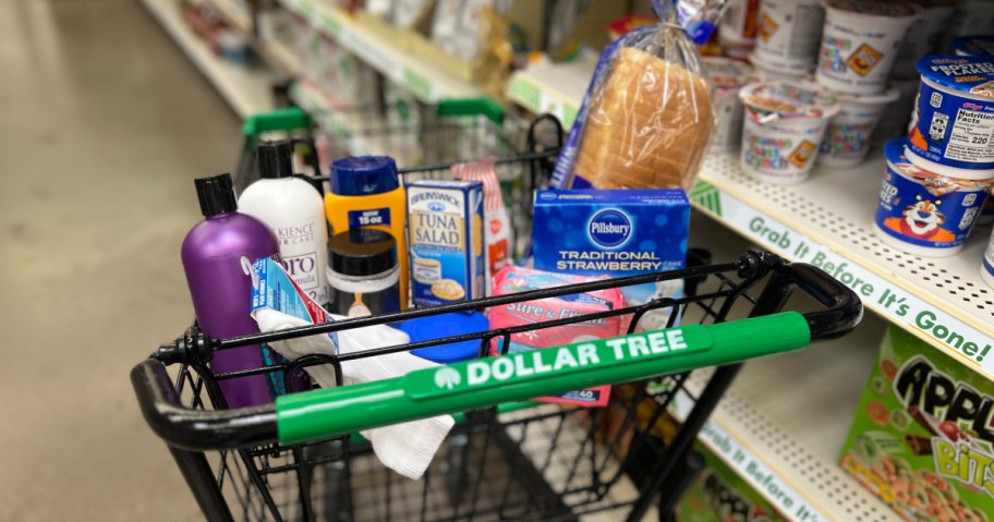 dollar tree cart full of donation items