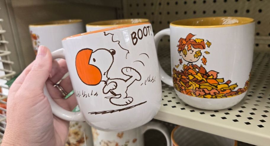 hand holding fall snoopy cups