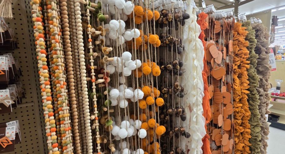 wall display of fall garland in different colors and patterns