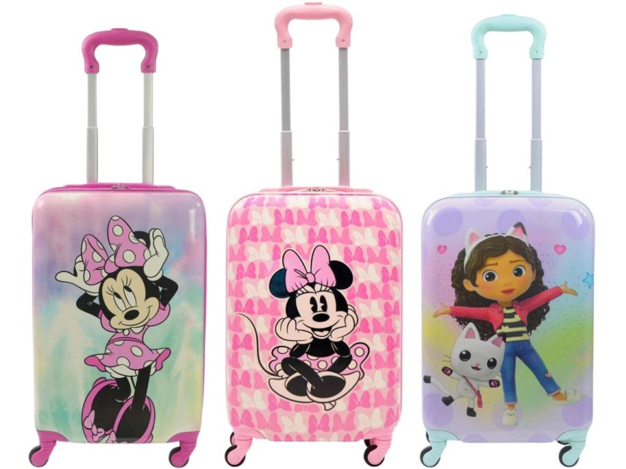 Three girl's, 21 in hard-side spinner suitcases - two with Minnie mouse designs and one with gabby from Gabby's dollhouse 